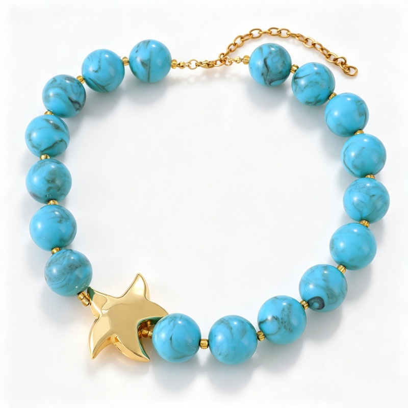 Lake Blue Blue Turquoise Smudge Round Bead Gold Star Pendant Necklace