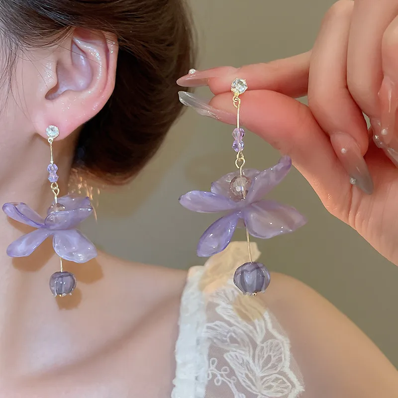 Sweet Purple Flower Stud Earrings For Women With Resin And Zircon Inlay, Featuring 304 Stainless Steel Posts